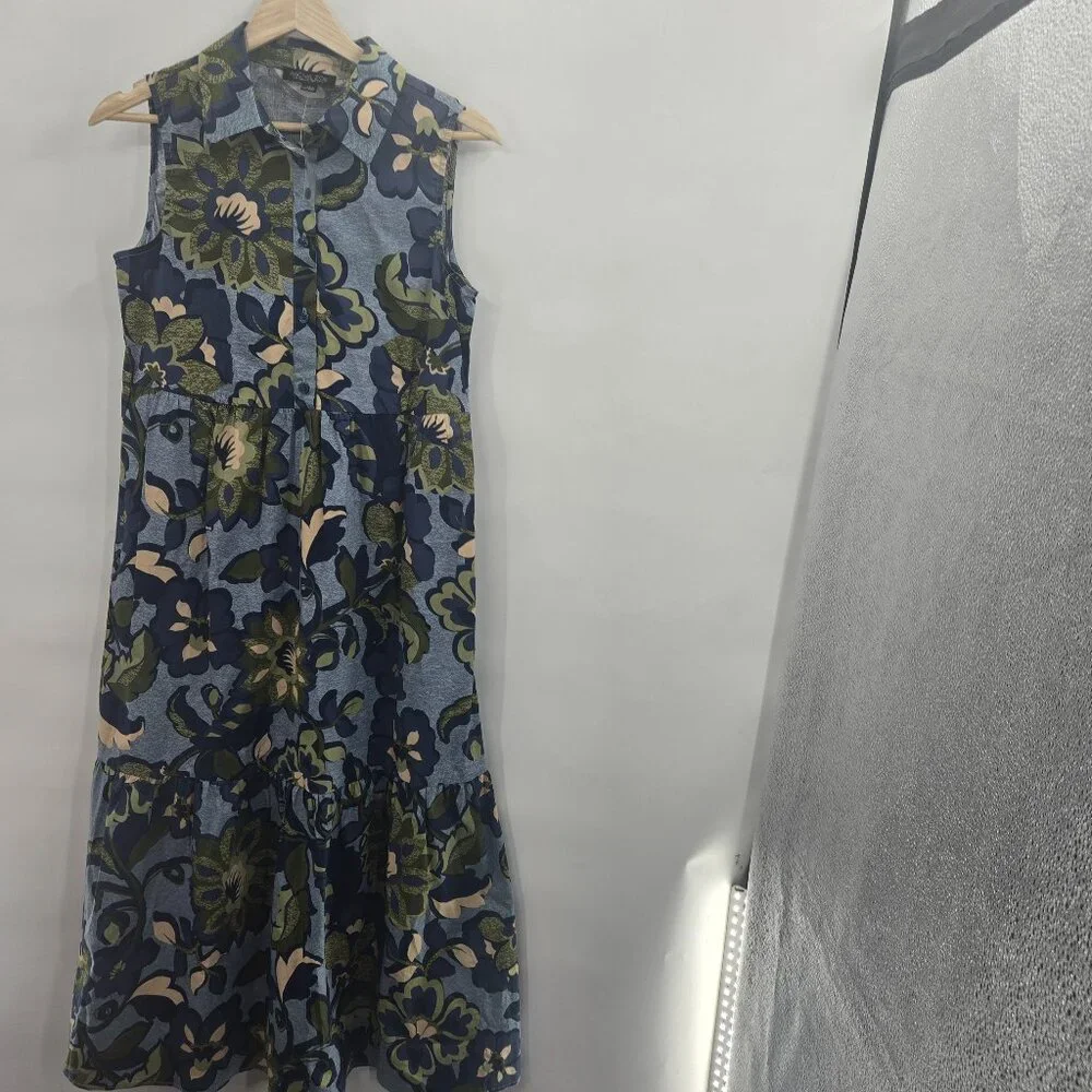 Rachel Zoe Blue Green Cotton Floral Collared Maxi Dress NWOT Size XS